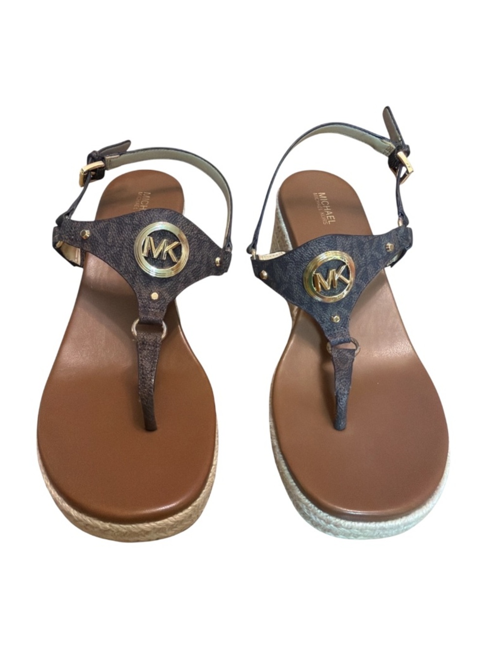 Michael Kors MK Logo Espadrille Wedge Sandals Brown Gold Thong 8.5M